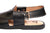 Black leather sandal with a gold buckle on a white background